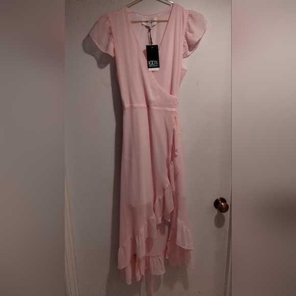 Women's NWT Bloomingdale's WAYF Pink Ruffle Sash Tie High Low Wrap Dress - Picture 2 of 7